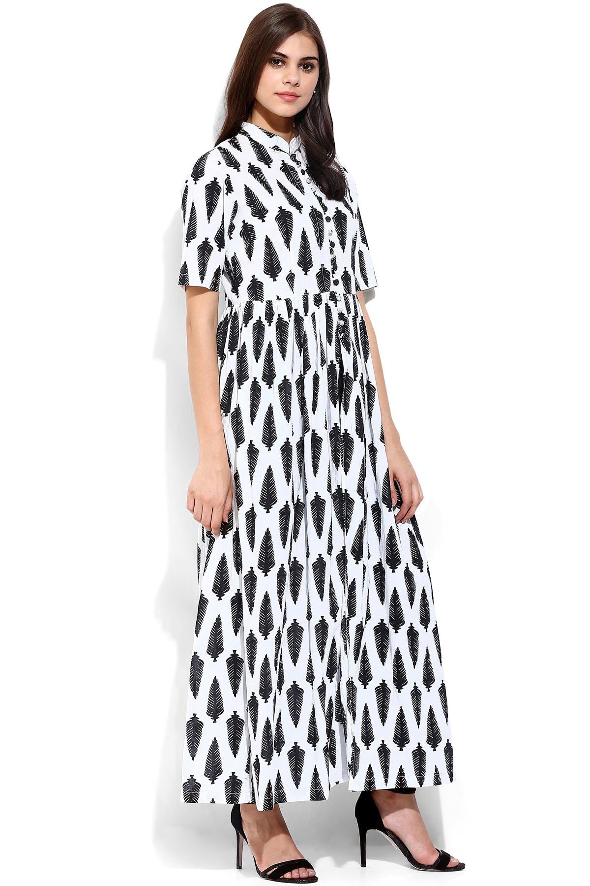 Women's White Leaf Print Front Open Shirt Kurta
