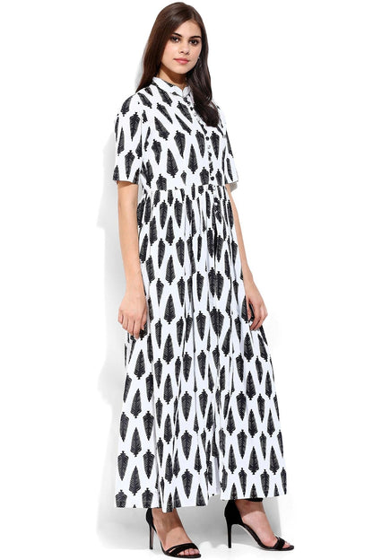 Women's White Leaf Print Front Open Shirt Kurta