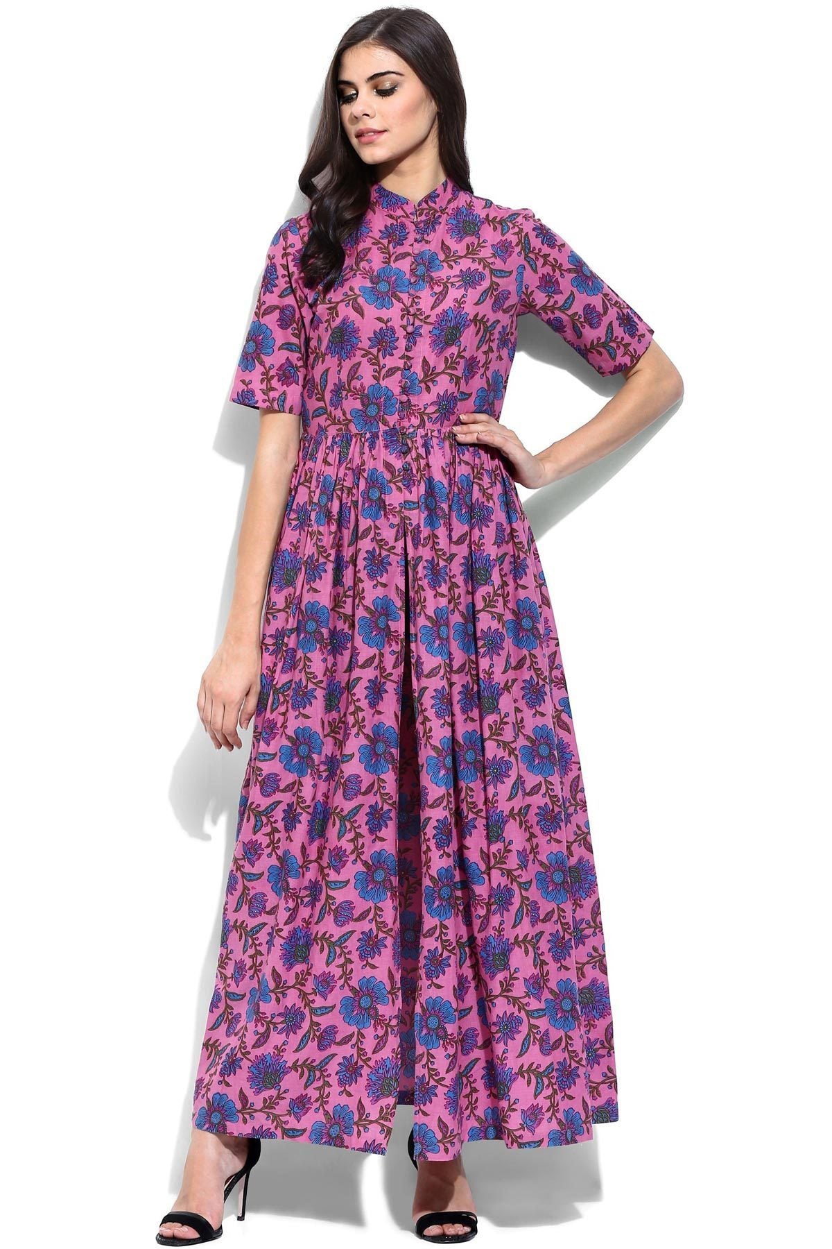 Women's Pink Floral Print Front Open Shirt Kurta