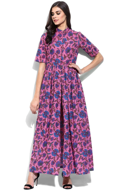 Women's Pink Floral Print Front Open Shirt Kurta