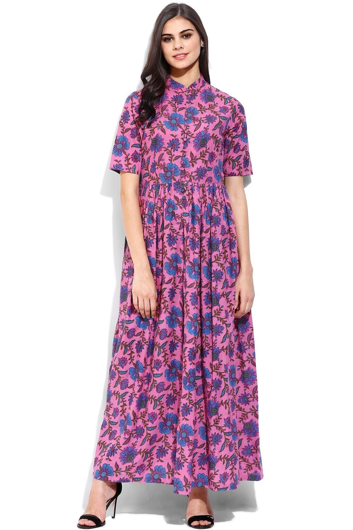 Women's Pink Floral Print Front Open Shirt Kurta