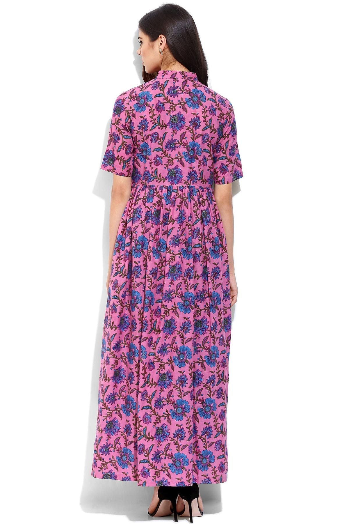 Women's Pink Floral Print Front Open Shirt Kurta