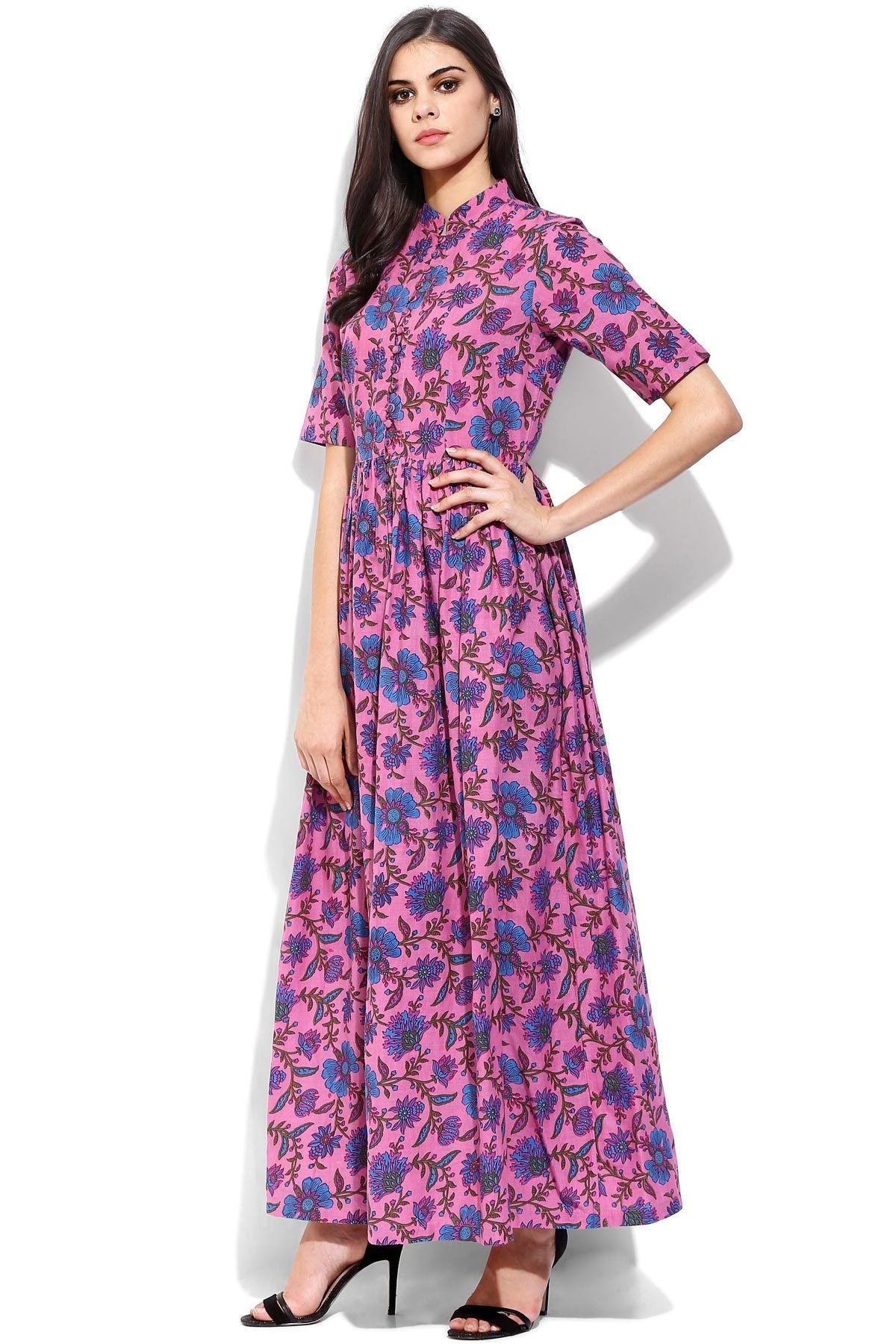 Women's Pink Floral Print Front Open Shirt Kurta