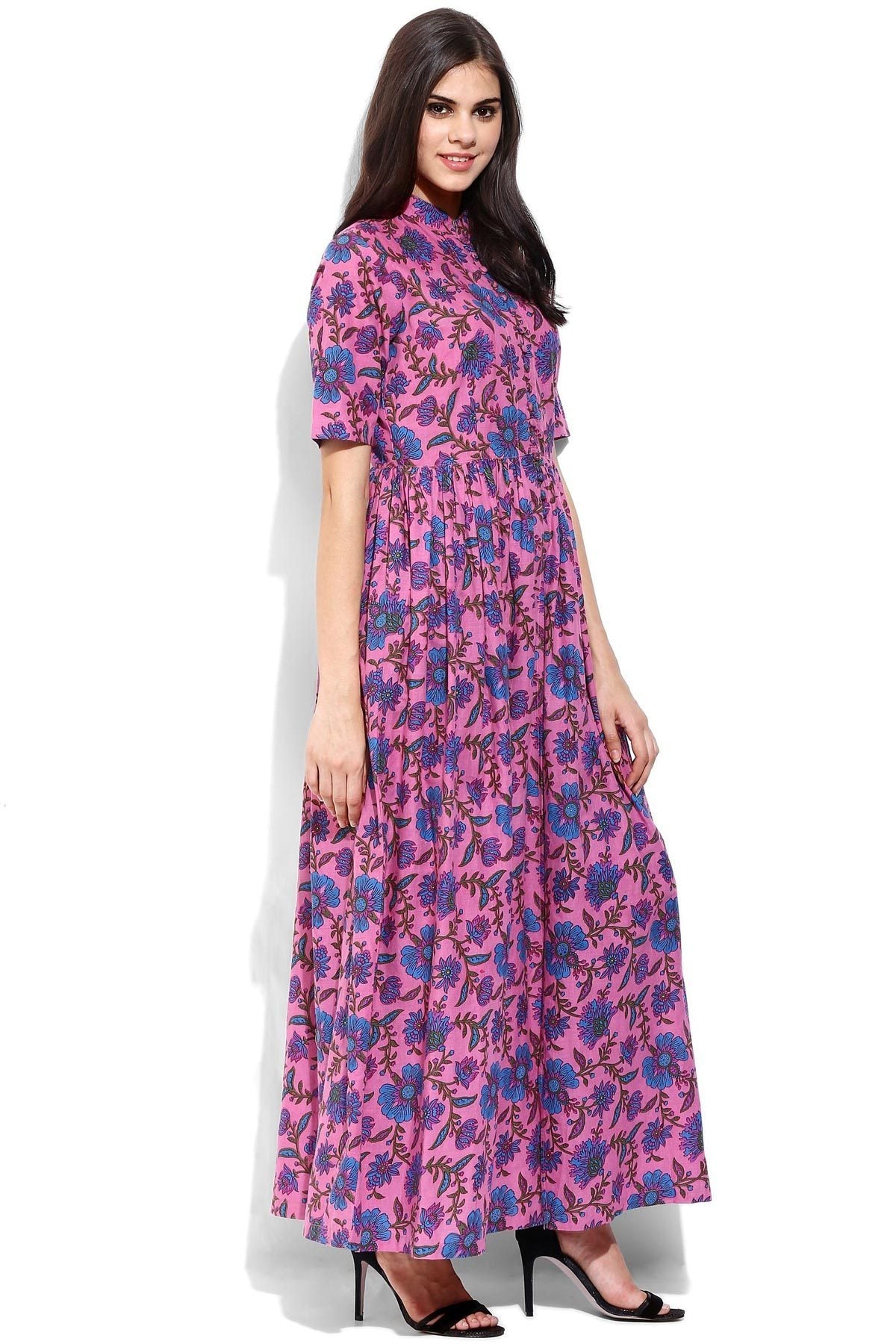 Women's Pink Floral Print Front Open Shirt Kurta