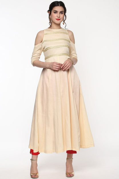 Women's Cream Cold Shoulder Anarkali With Gota