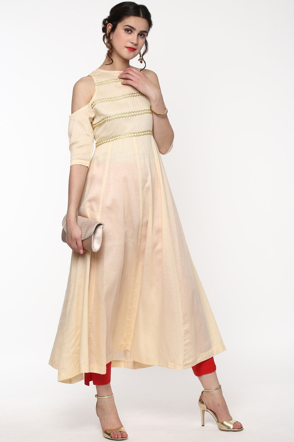 Women's Cream Cold Shoulder Anarkali With Gota