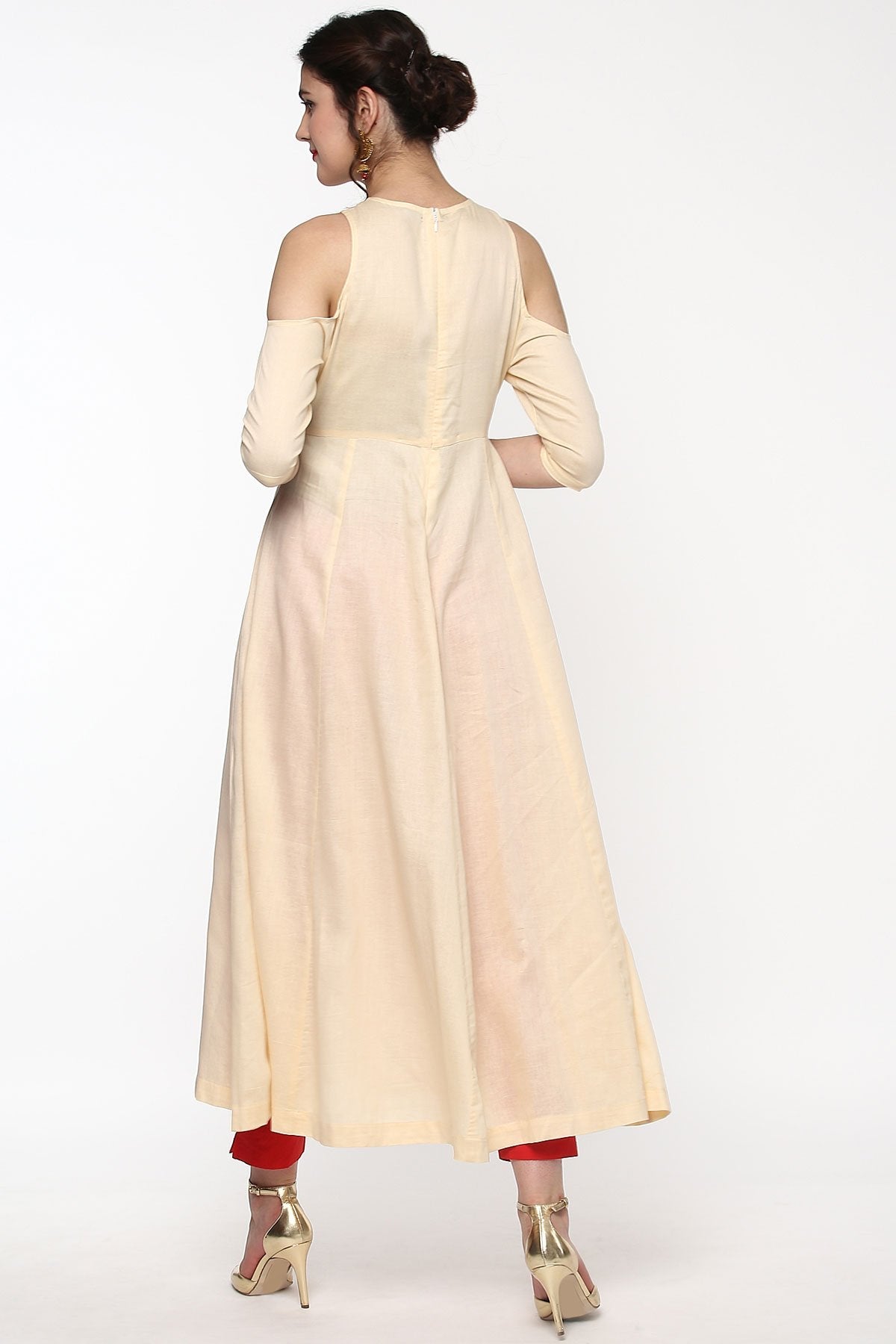 Women's Cream Cold Shoulder Anarkali With Gota