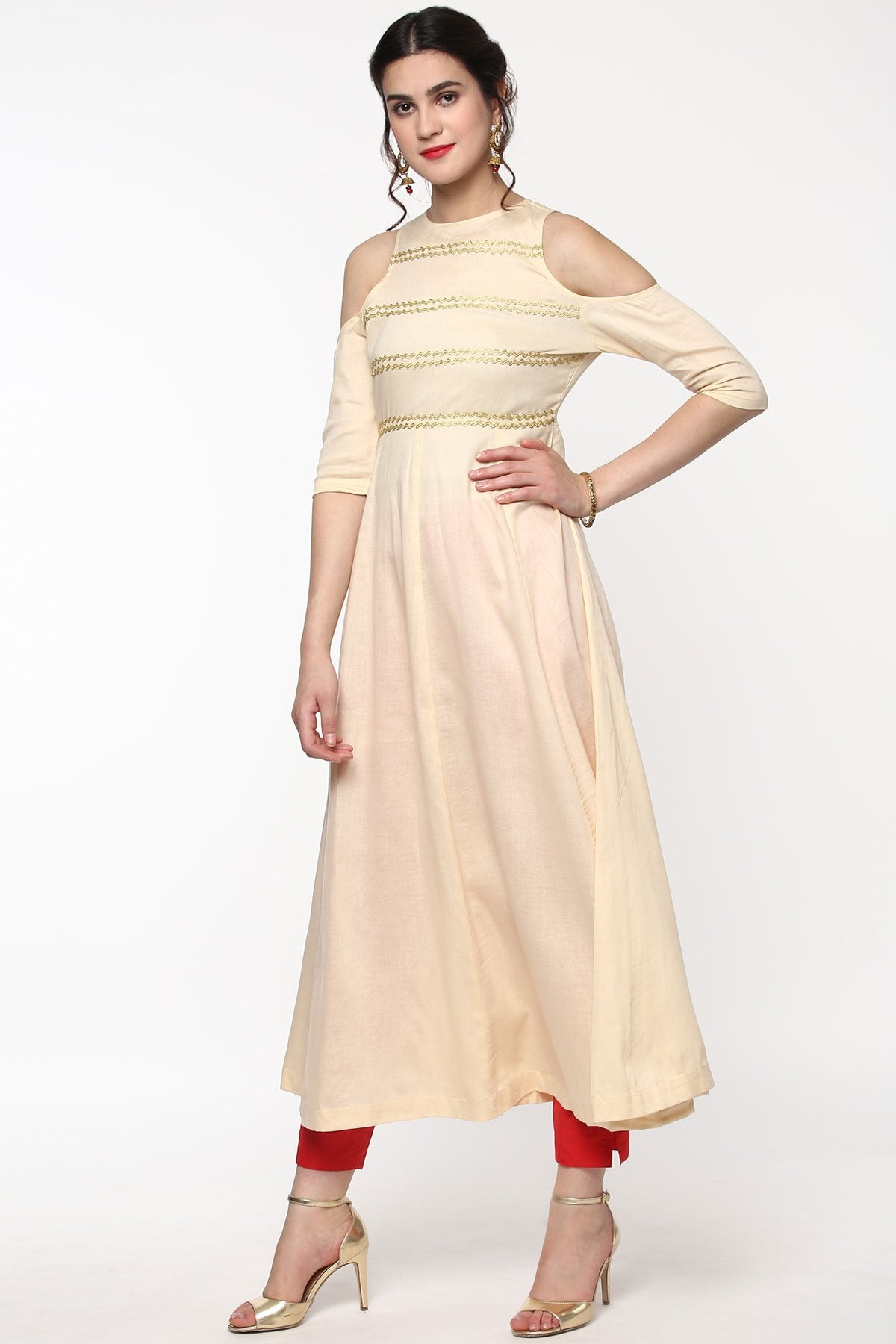 Women's Cream Cold Shoulder Anarkali With Gota