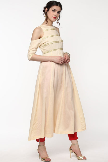 Women's Cream Cold Shoulder Anarkali With Gota