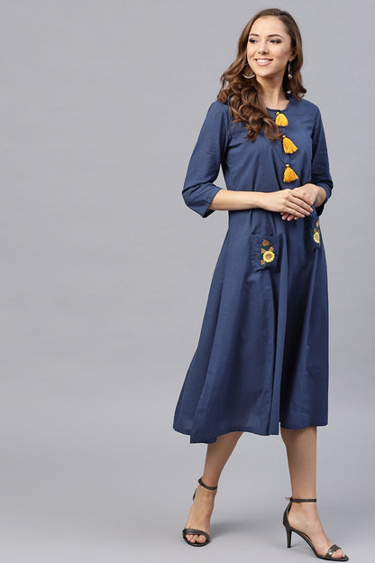 Women's Embroidered Pocket Patch Blue Dress