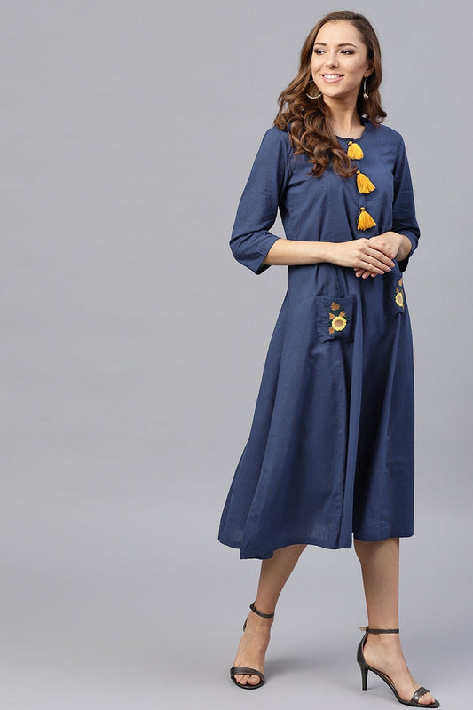 Women's Embroidered Pocket Patch Blue Dress