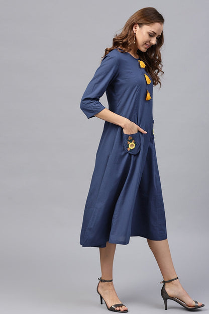 Women's Embroidered Pocket Patch Blue Dress