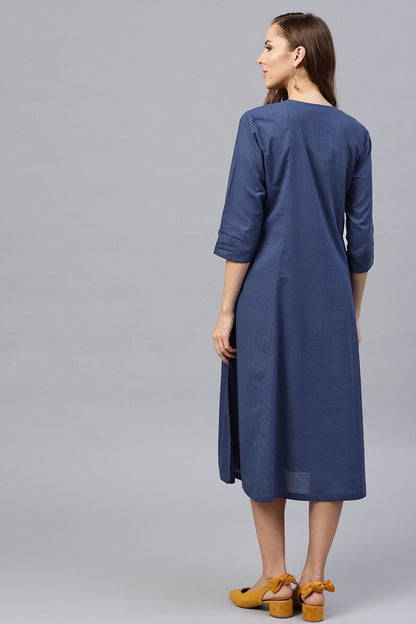 Women's Embroidered Pocket Patch Blue Dress