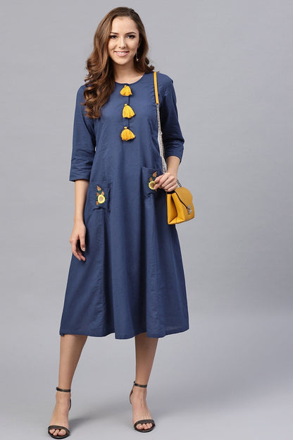 Women's Embroidered Pocket Patch Blue Dress