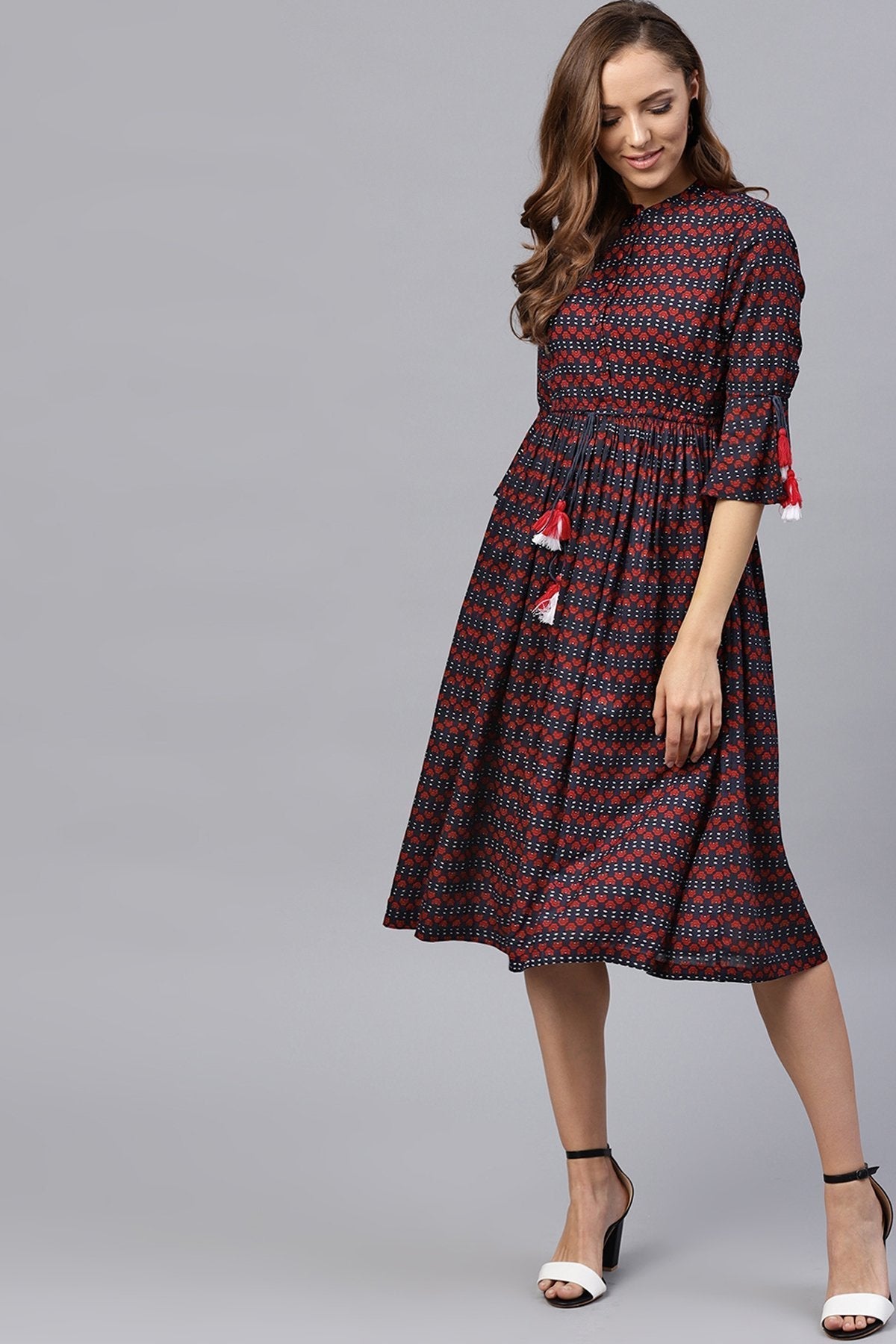 Women's Indigo Floral Drawstring Waist Dress