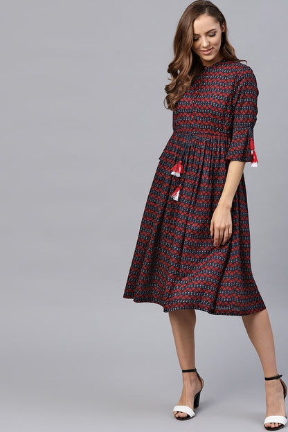 Women's Indigo Floral Drawstring Waist Dress