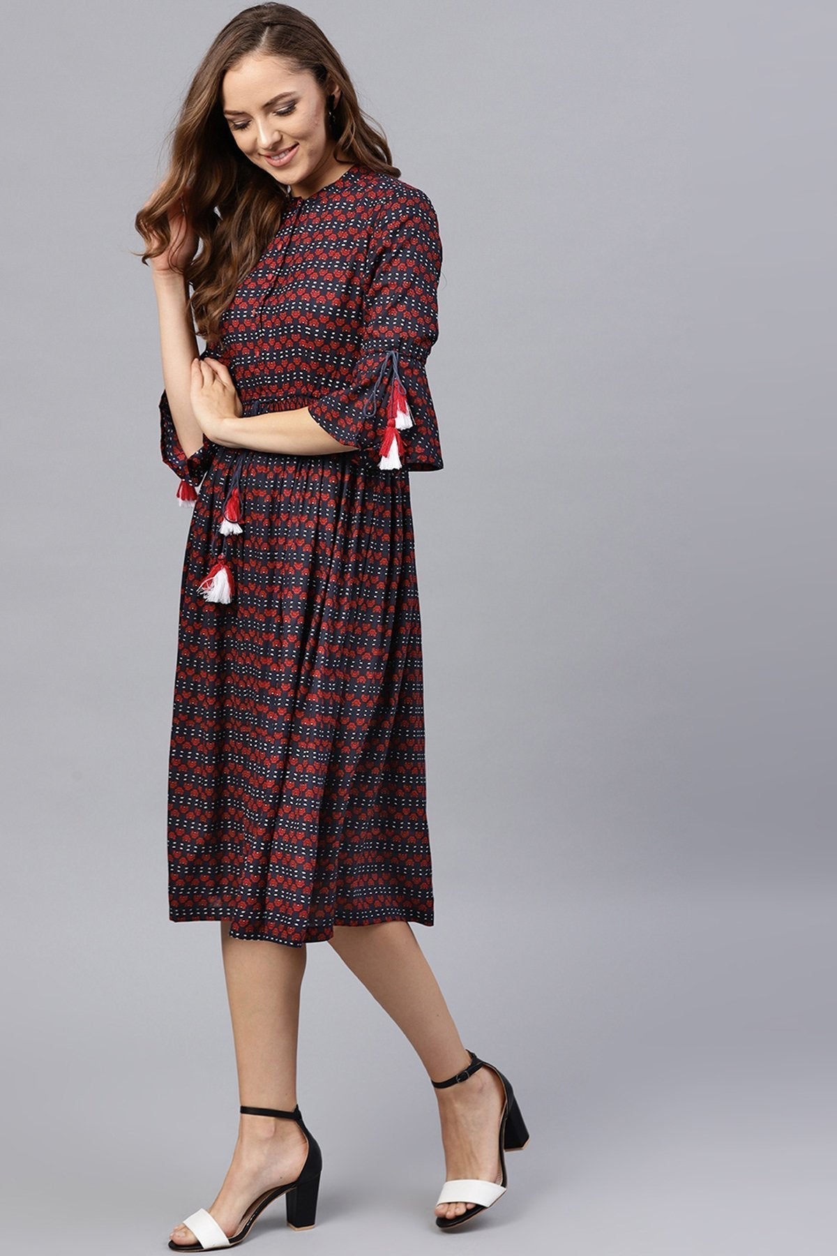 Women's Indigo Floral Drawstring Waist Dress