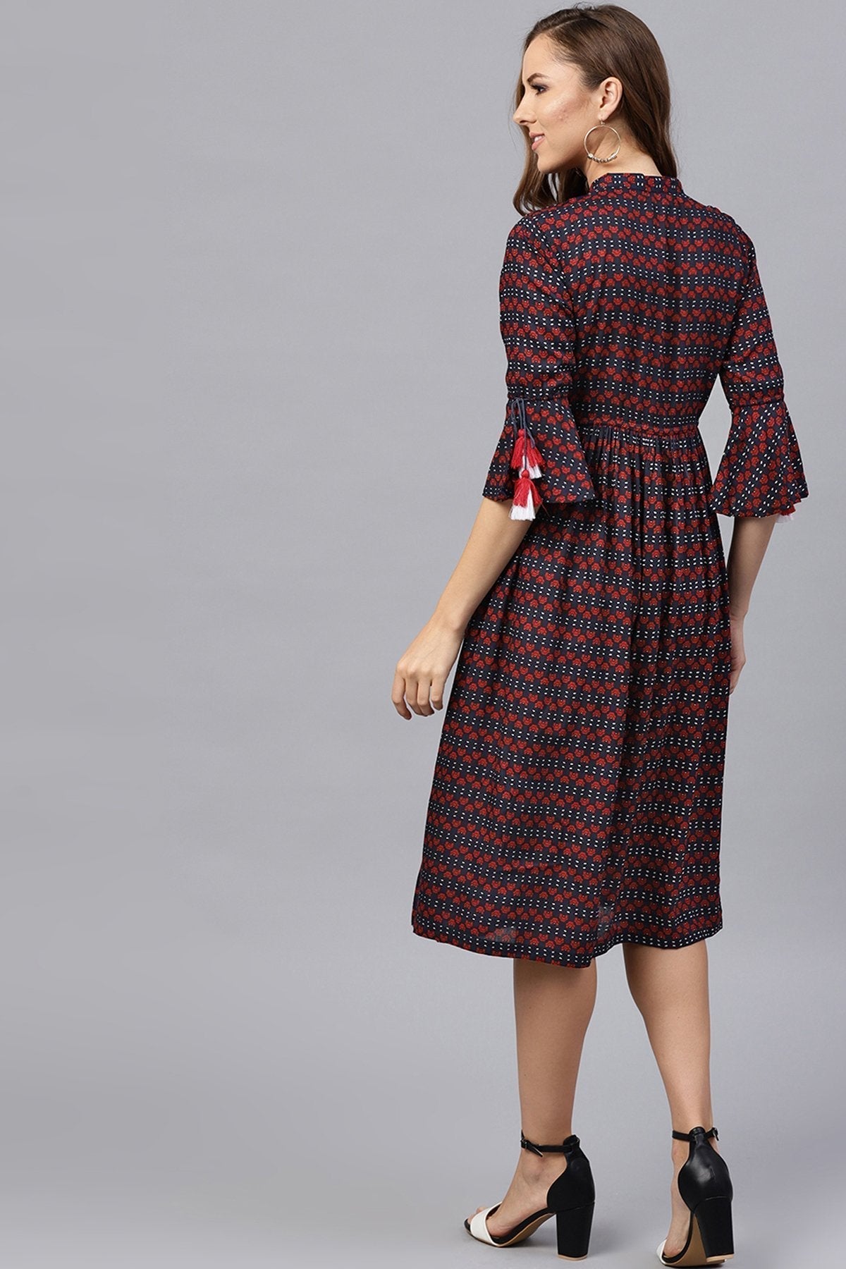 Women's Indigo Floral Drawstring Waist Dress