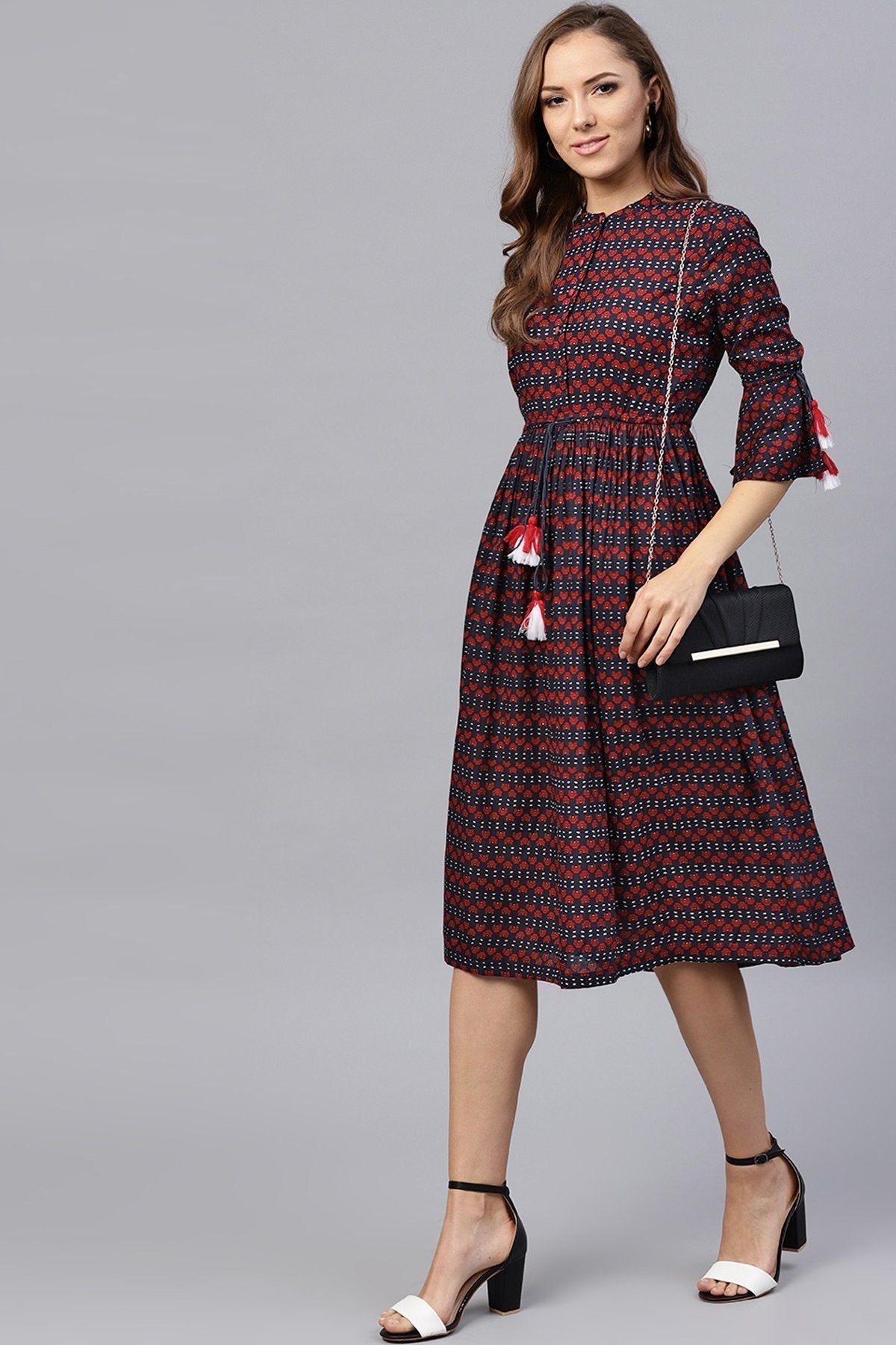 Women's Indigo Floral Drawstring Waist Dress