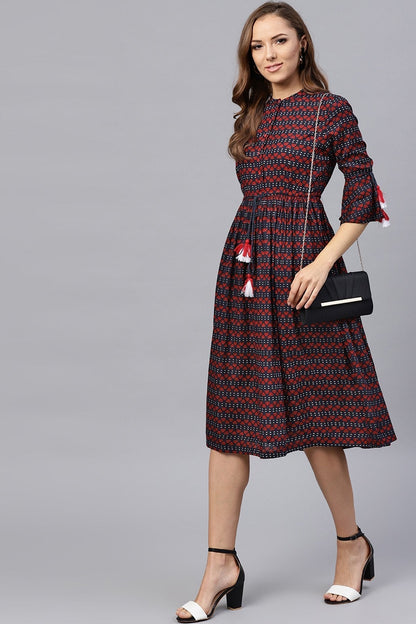 Women's Indigo Floral Drawstring Waist Dress