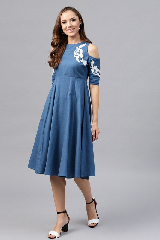 Women's Cold Shoulder Embroidered Blue Dress