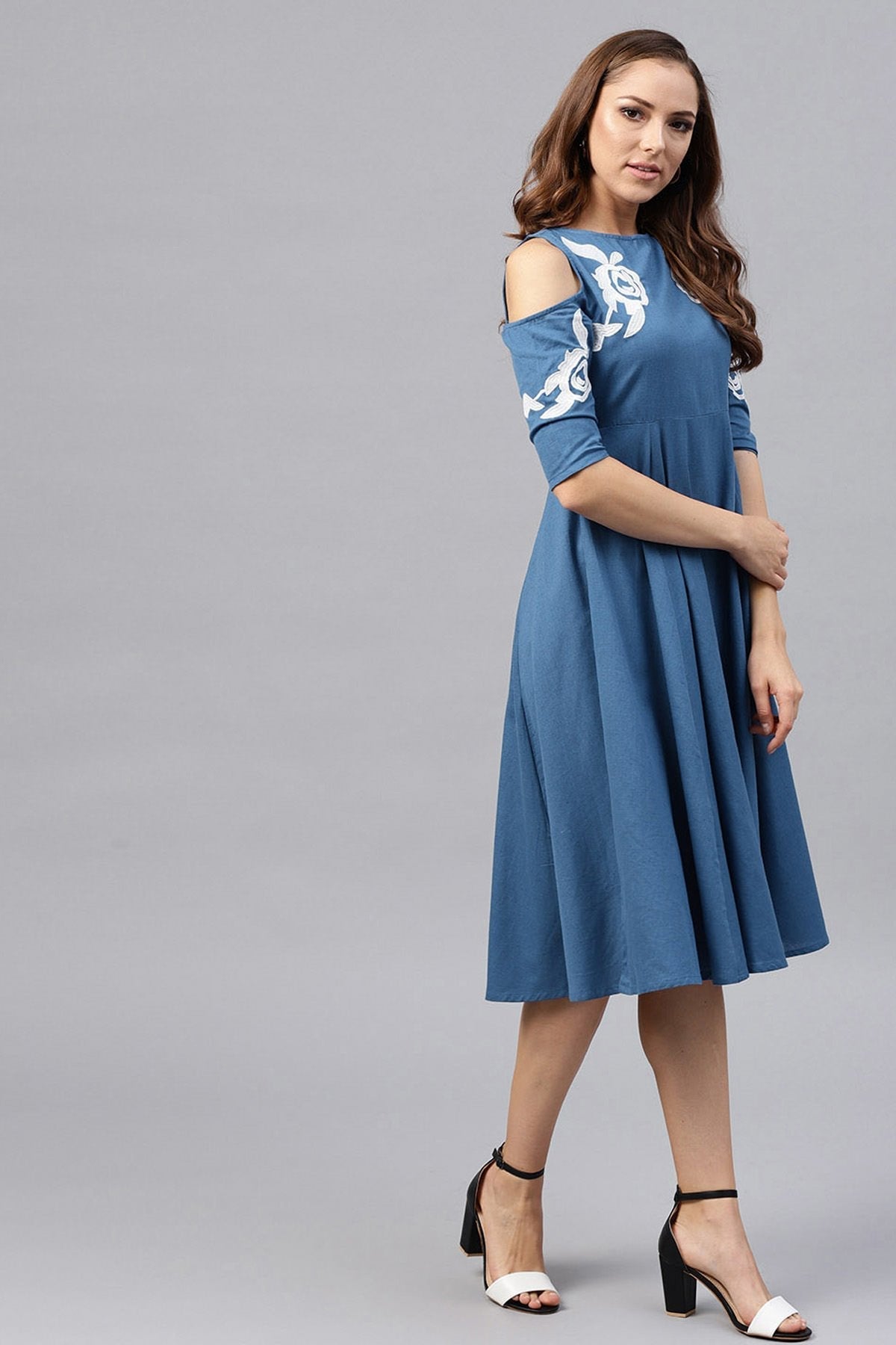 Women's Cold Shoulder Embroidered Blue Dress
