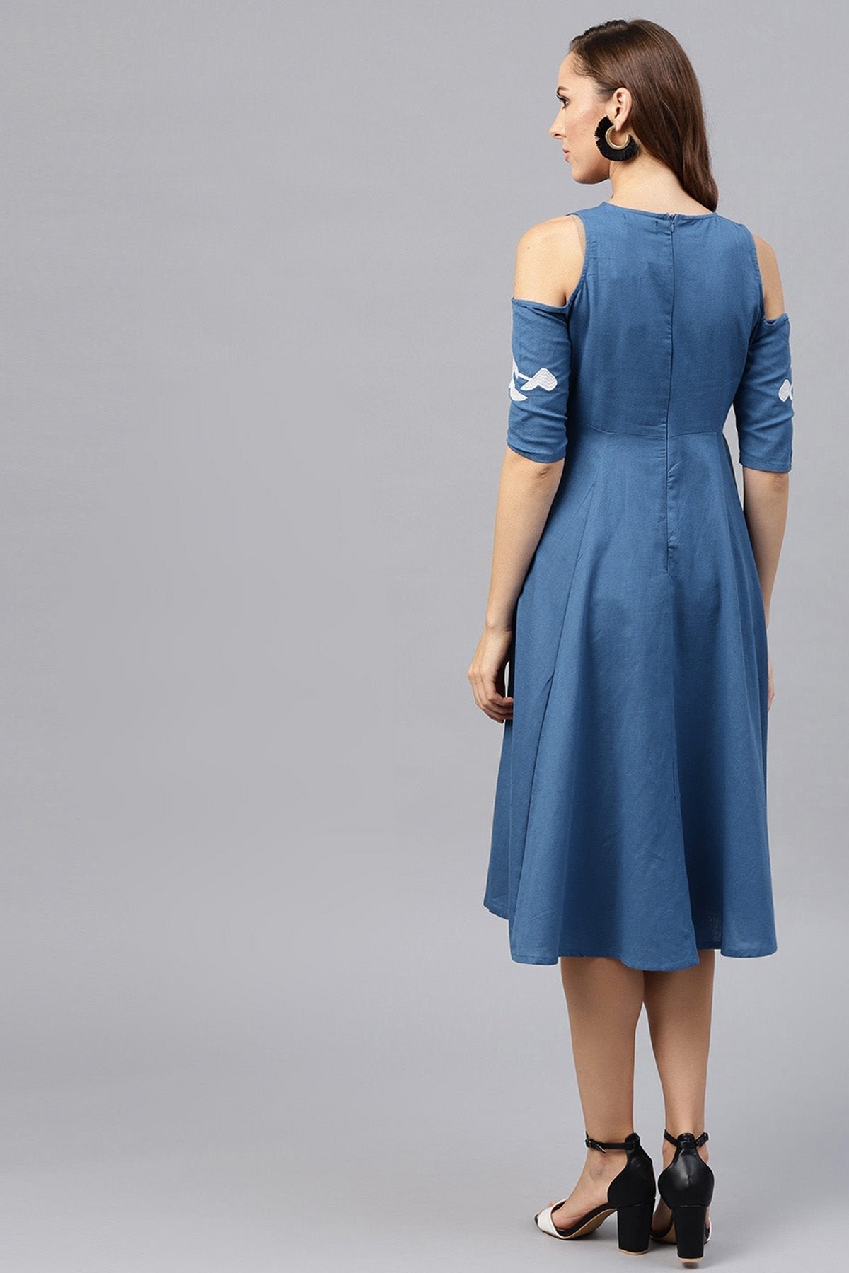 Women's Cold Shoulder Embroidered Blue Dress