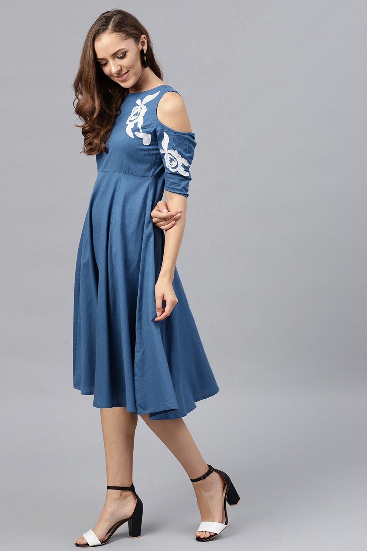 Women's Cold Shoulder Embroidered Blue Dress