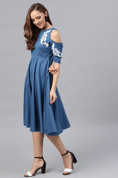 Women's Cold Shoulder Embroidered Blue Dress