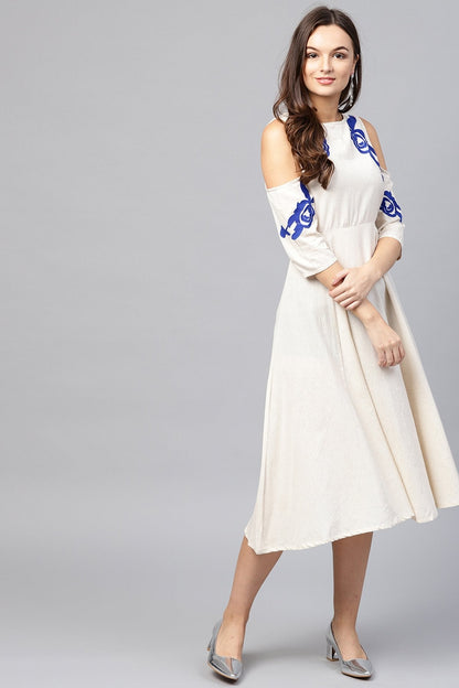 Women's Cold Shoulder Embroidered Off White Dress