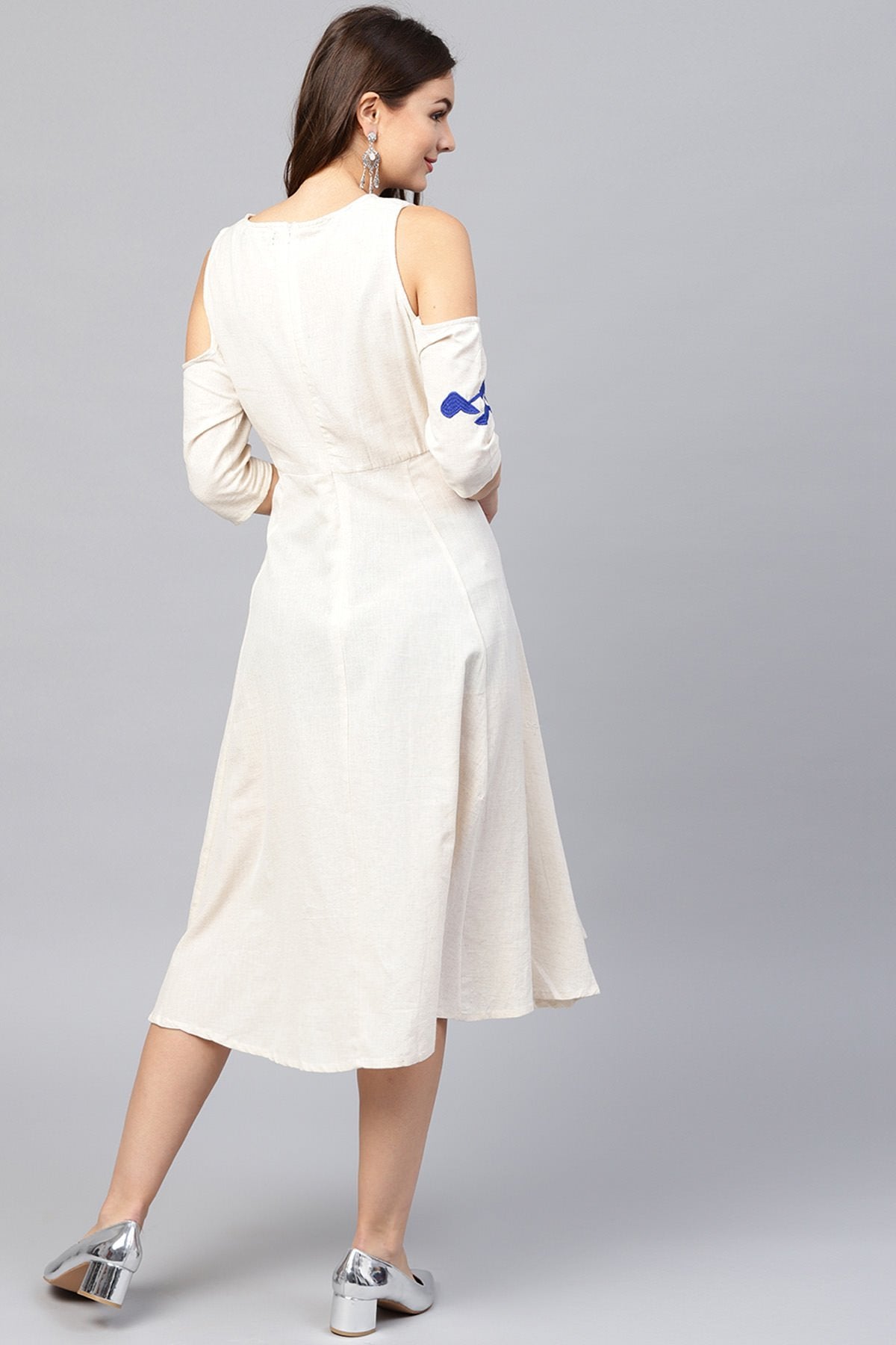 Women's Cold Shoulder Embroidered Off White Dress