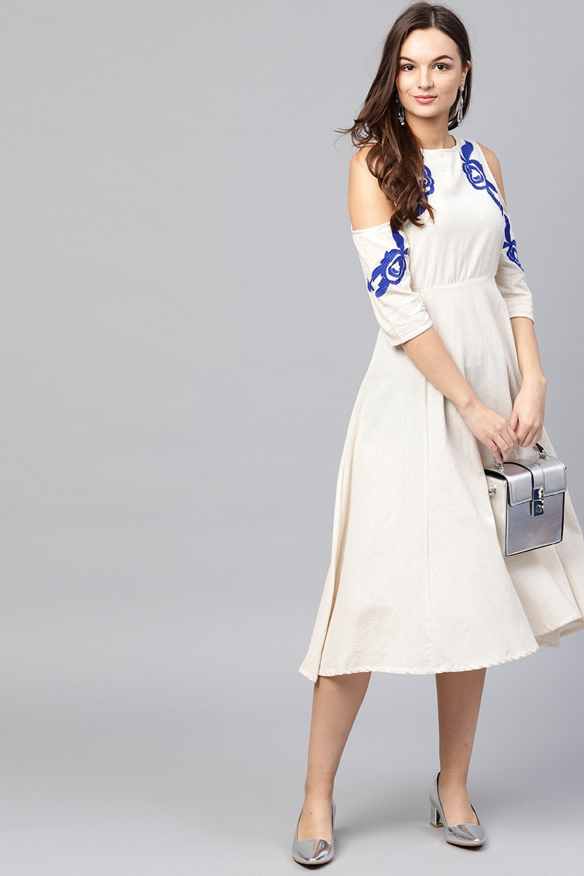 Women's Cold Shoulder Embroidered Off White Dress
