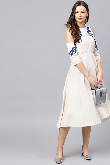 Women's Cold Shoulder Embroidered Off White Dress