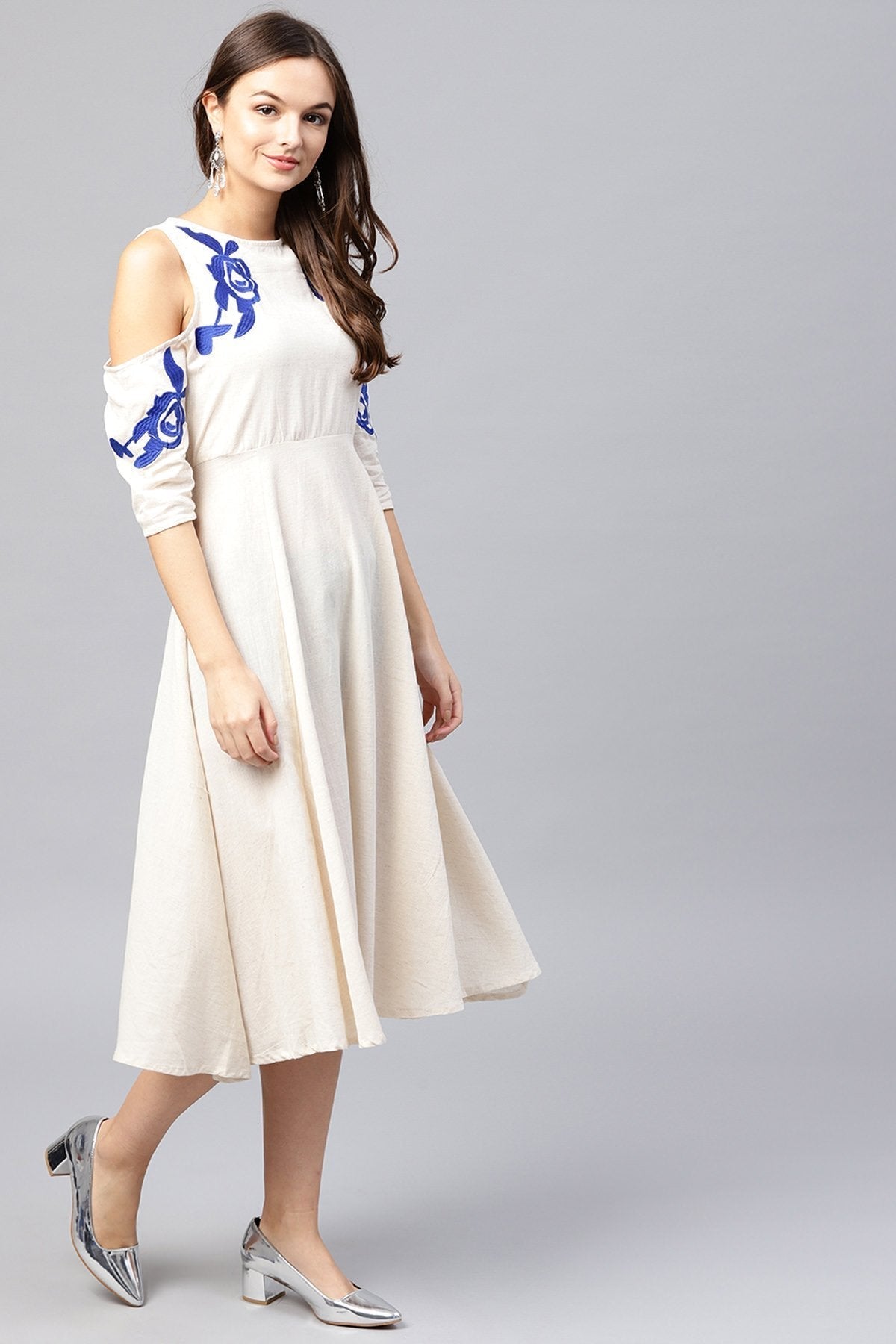 Women's Cold Shoulder Embroidered Off White Dress