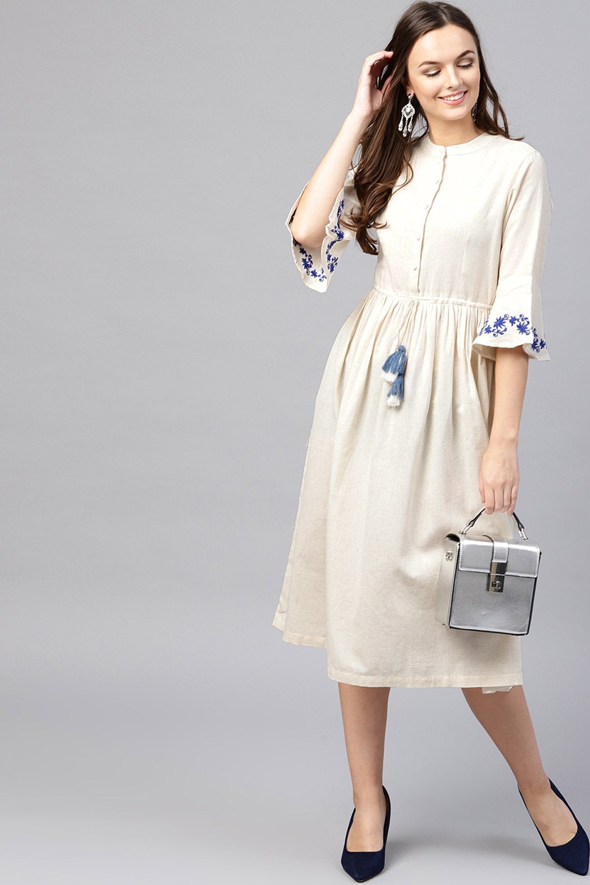 Women's Off White Drawstring Emb Bell Sleeves Dress