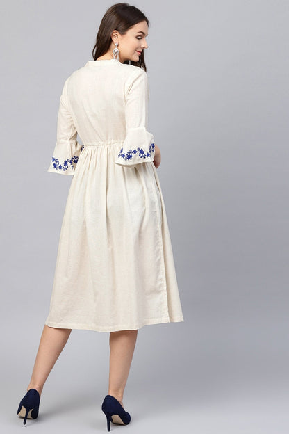 Women's Off White Drawstring Emb Bell Sleeves Dress