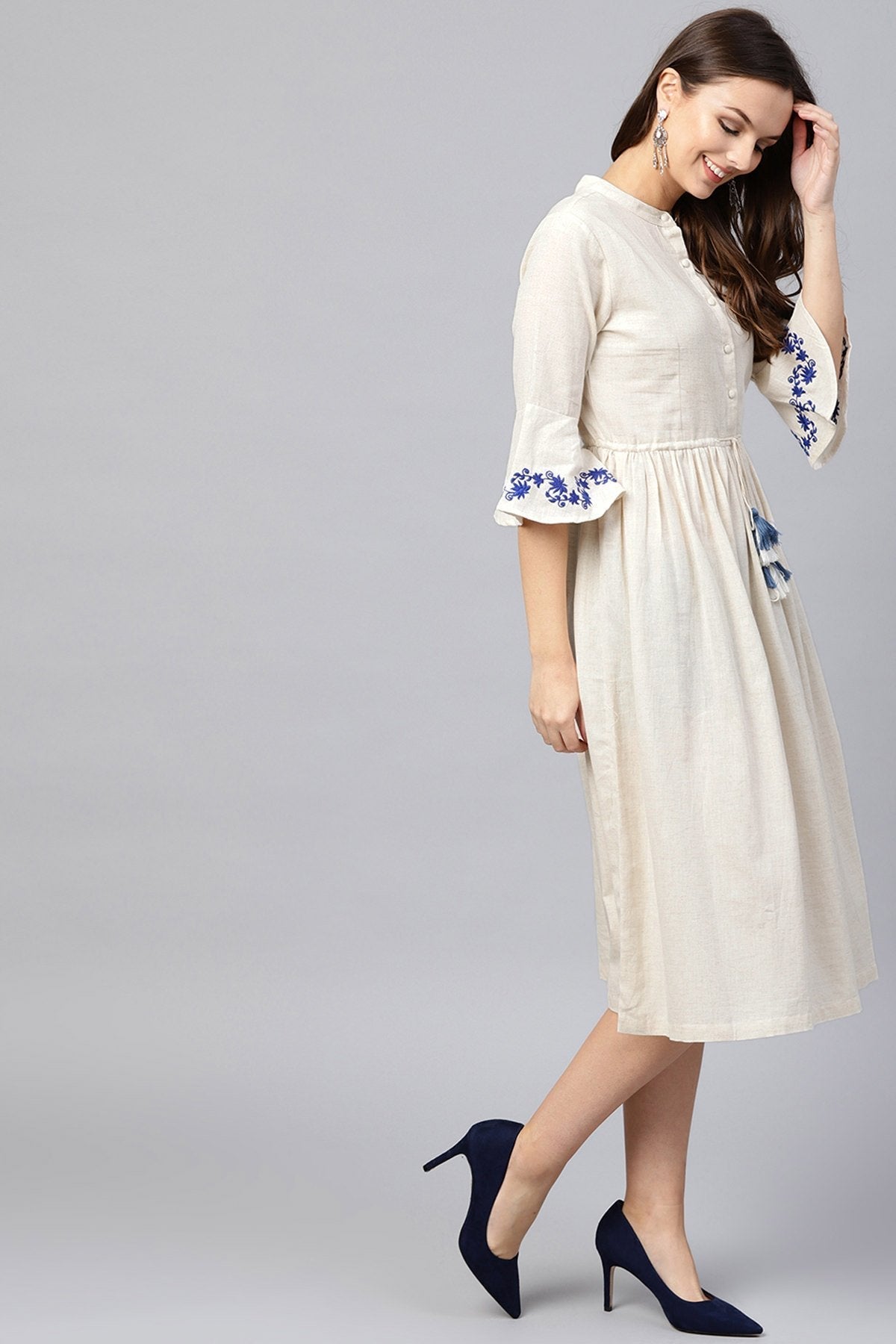 Women's Off White Drawstring Emb Bell Sleeves Dress