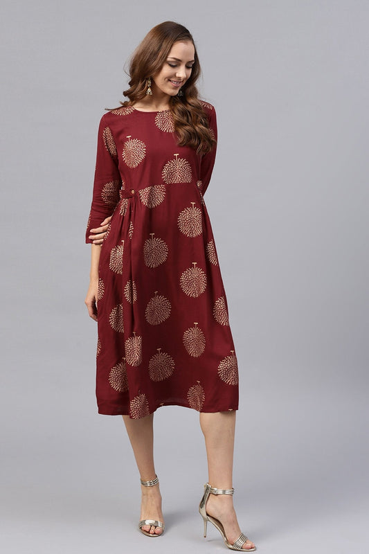 Women's Maroon Foil Printed Gathered Waist Dress