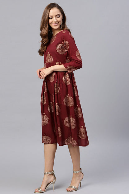 Women's Maroon Foil Printed Gathered Waist Dress