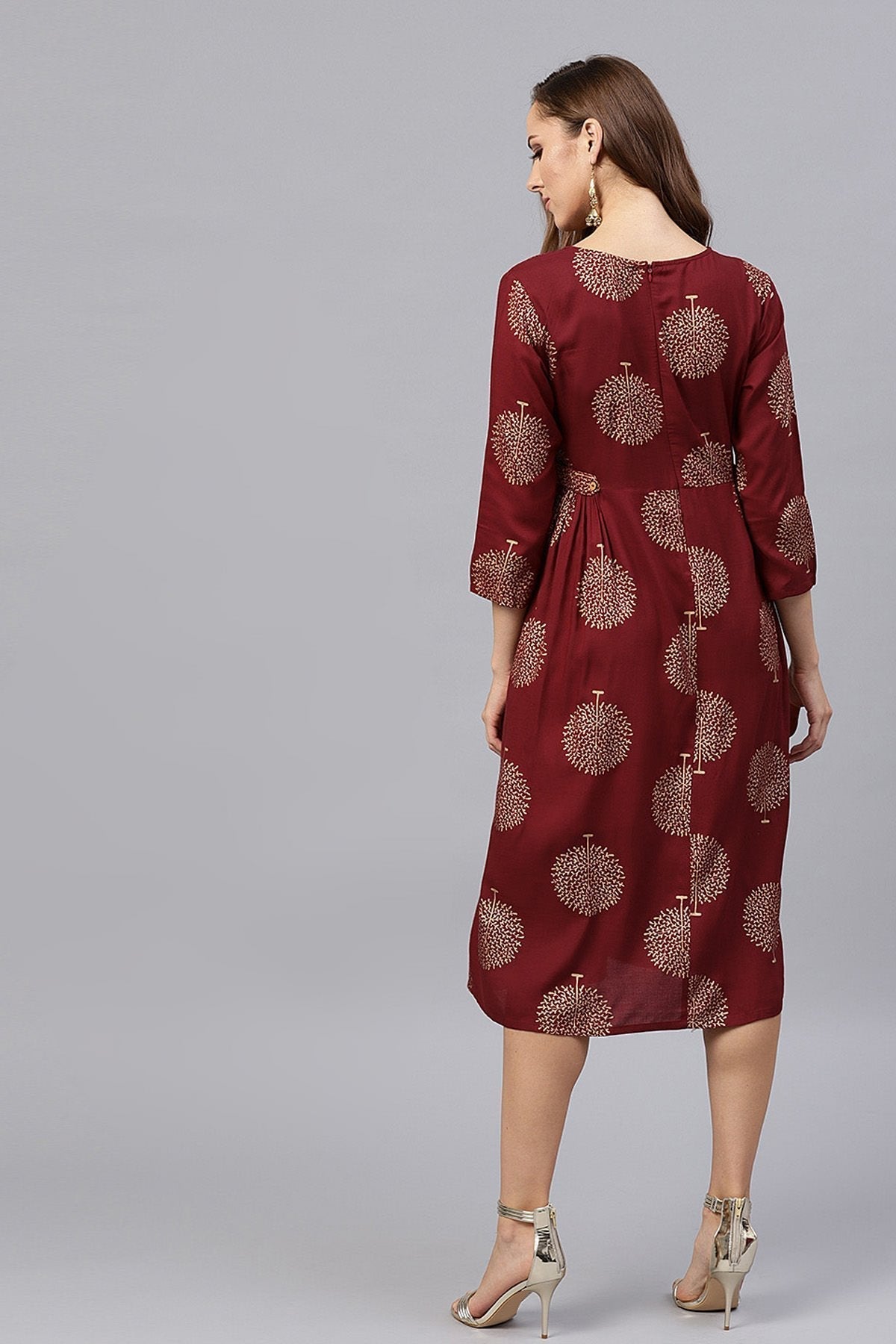 Women's Maroon Foil Printed Gathered Waist Dress