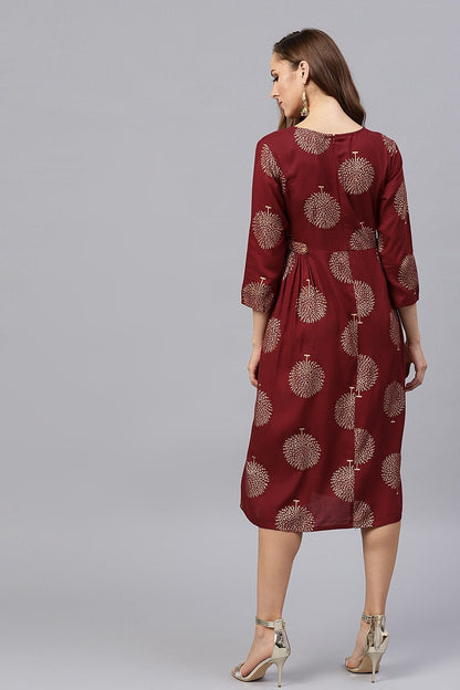 Women's Maroon Foil Printed Gathered Waist Dress