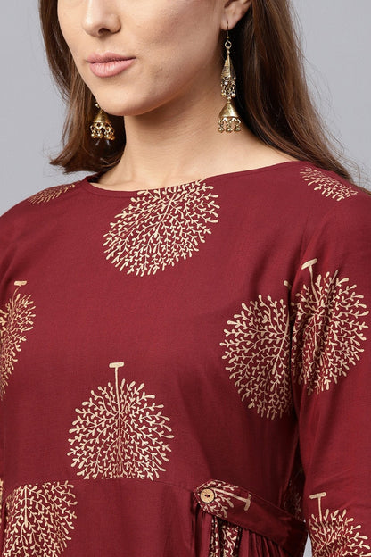 Women's Maroon Foil Printed Gathered Waist Dress