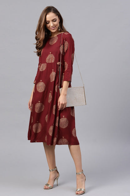 Women's Maroon Foil Printed Gathered Waist Dress