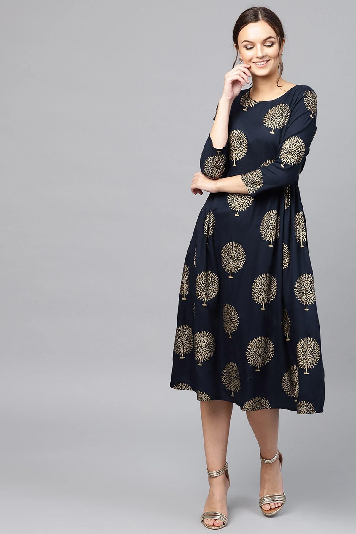 Women's Navy Foil Printed Gathered Waist Dress