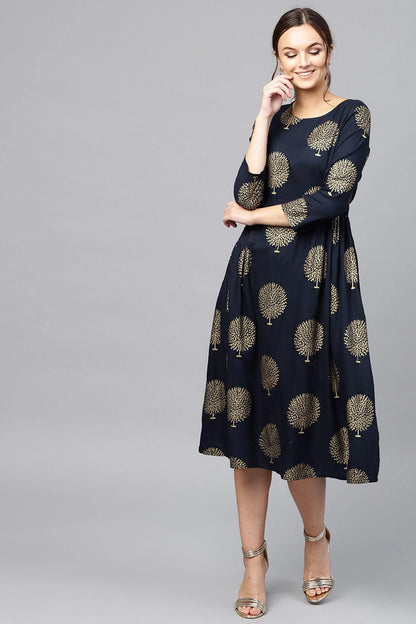 Women's Navy Foil Printed Gathered Waist Dress