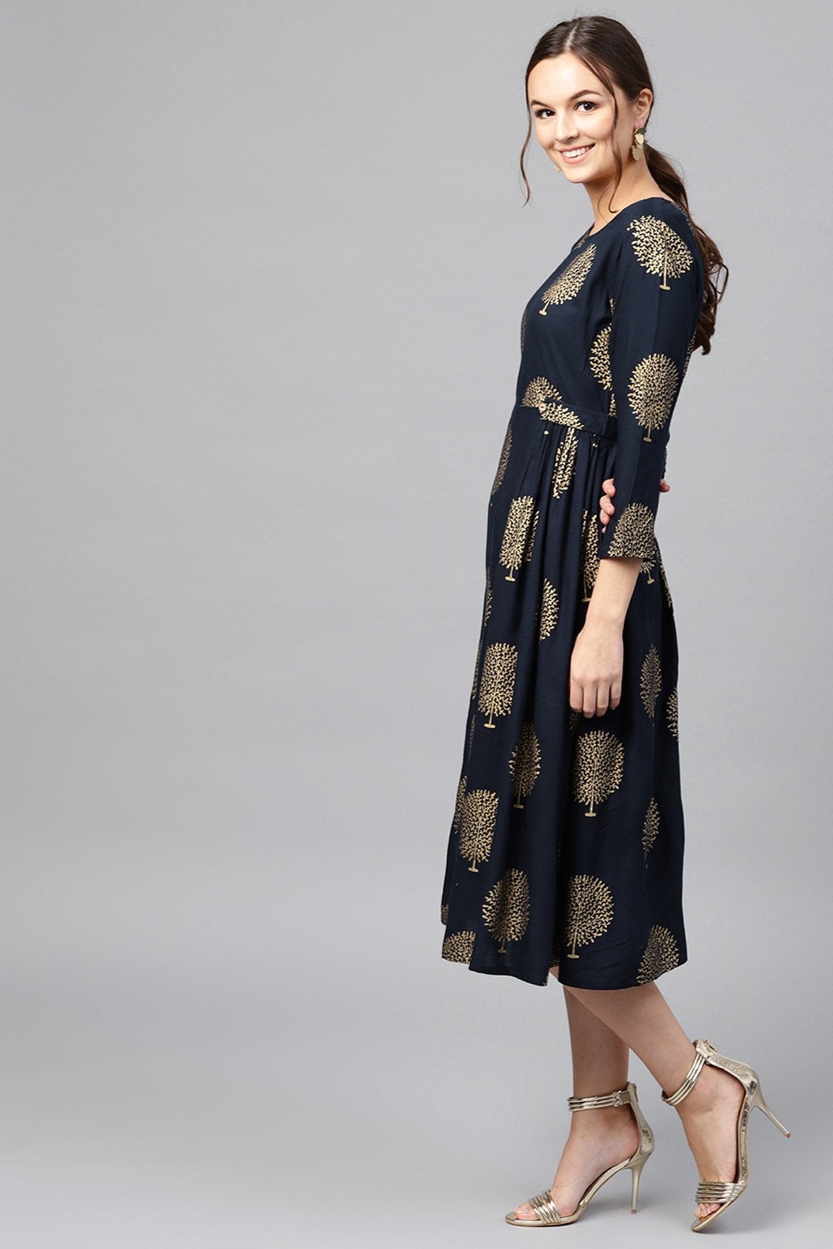 Women's Navy Foil Printed Gathered Waist Dress