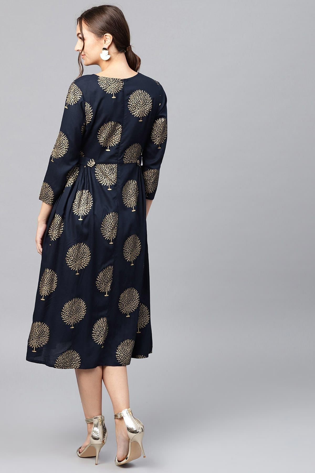 Women's Navy Foil Printed Gathered Waist Dress