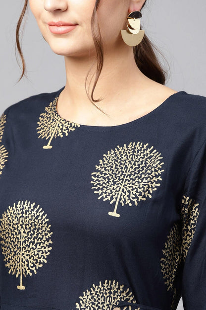 Women's Navy Foil Printed Gathered Waist Dress