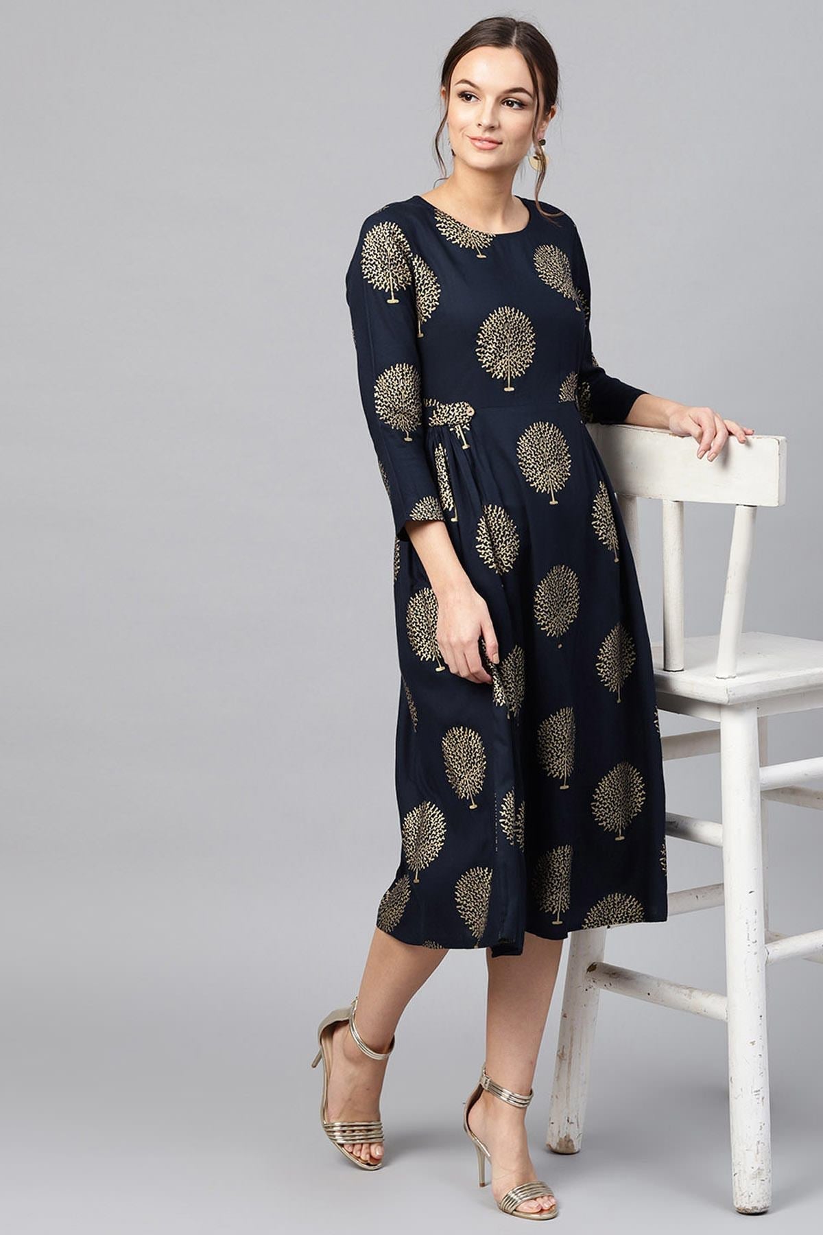 Women's Navy Foil Printed Gathered Waist Dress