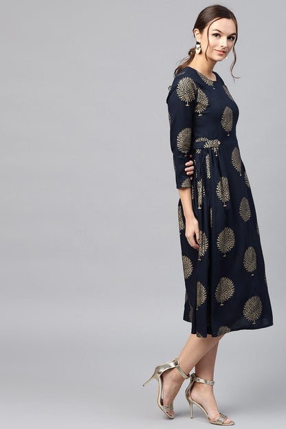 Women's Navy Foil Printed Gathered Waist Dress